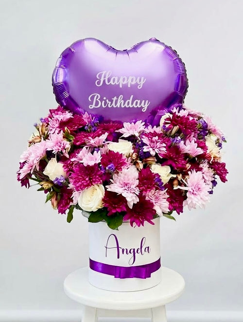 Love in Bloom Box with a purple personalised foil heart balloon, Luxe Confetti
