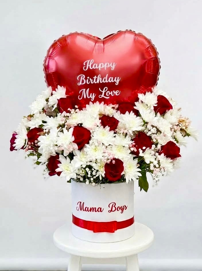 Love in Bloom Box with a red personalised foil heart balloon, Luxe Confetti