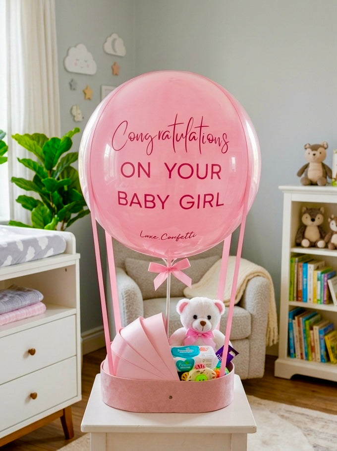 Baby Cradle bubble gift for a baby girl, in pink, Luxe Confetti