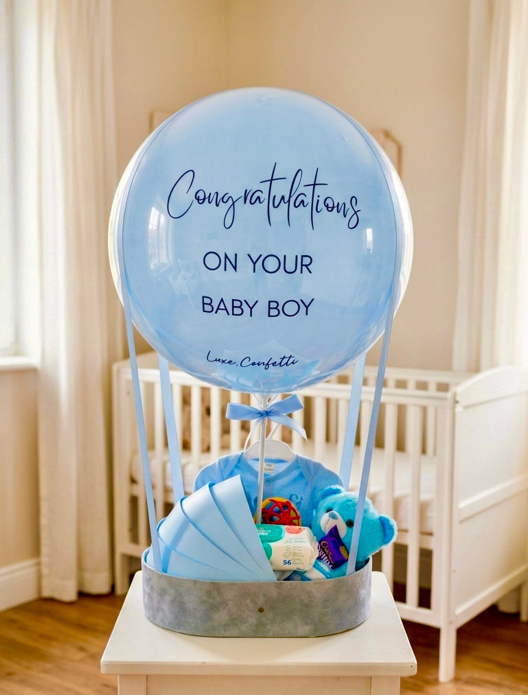 Baby Cradle bubble gift for a baby boy, in blue, Luxe Confetti